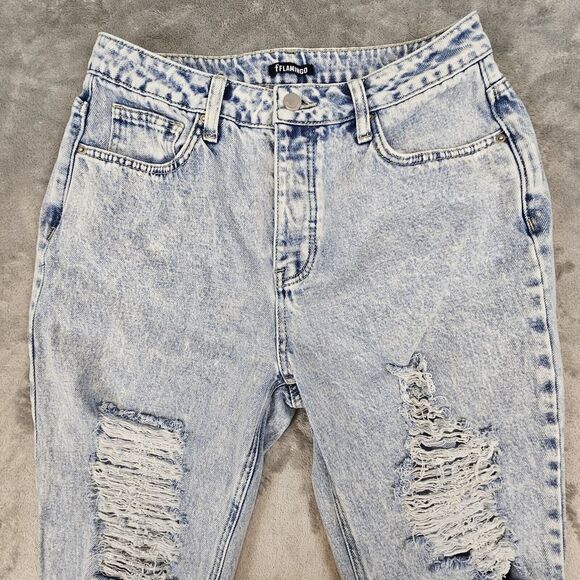 Flamingo Jeans M 28x32 Acid Wash Distressed Destroyed Flared Button Fly Grunge - Picture 3 of 14